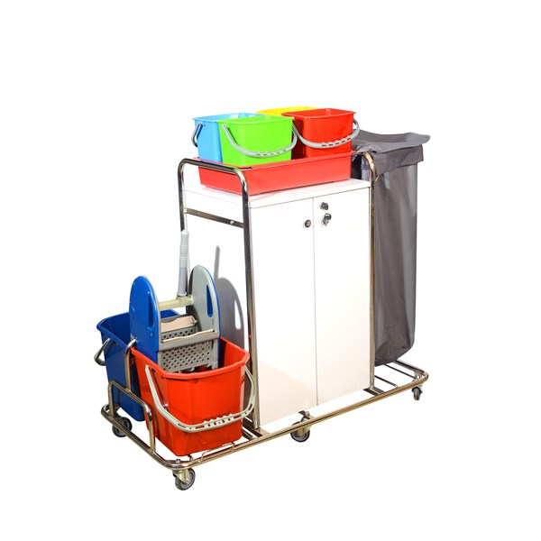 Krom Gövdeli Kilitli Dolaplı Kat Hizmet Arabası (2x20L & 6 Tekerlek)